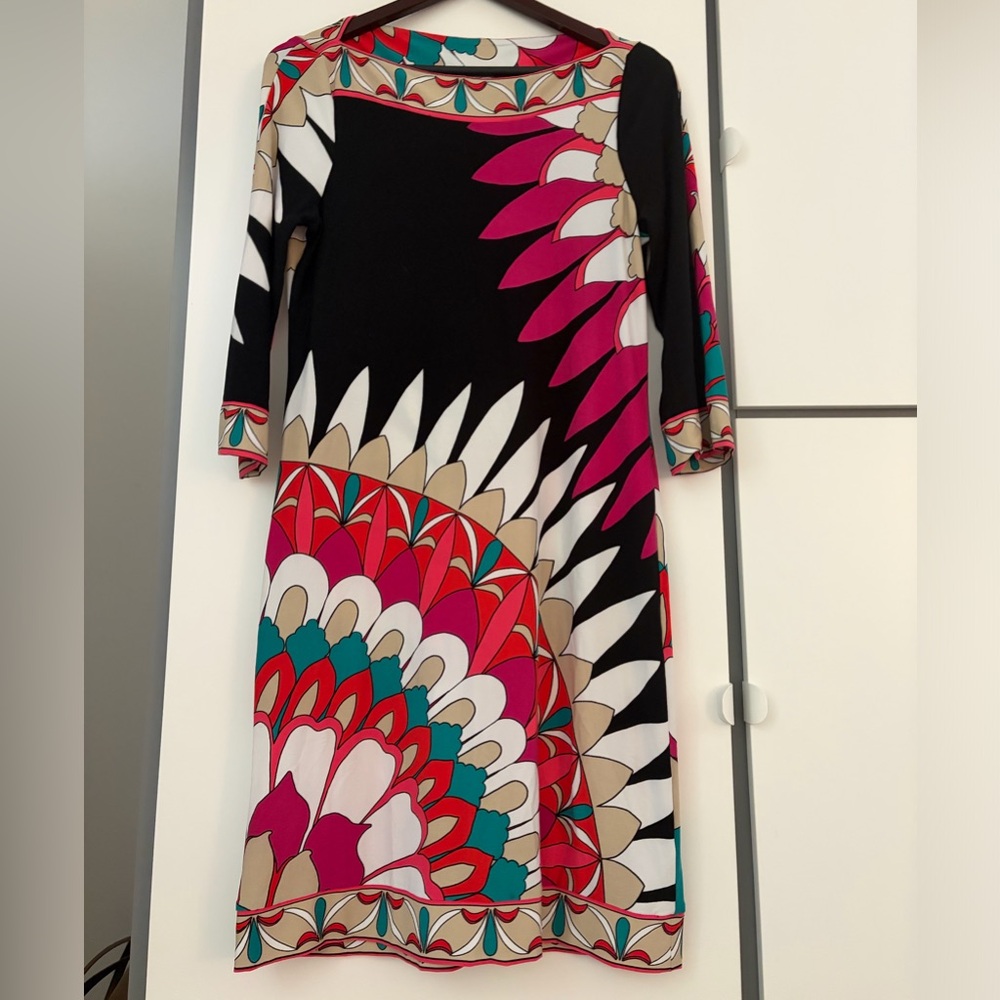 Marks & Spencer Black Dress with Fuchsia, Teal & Cream Print
